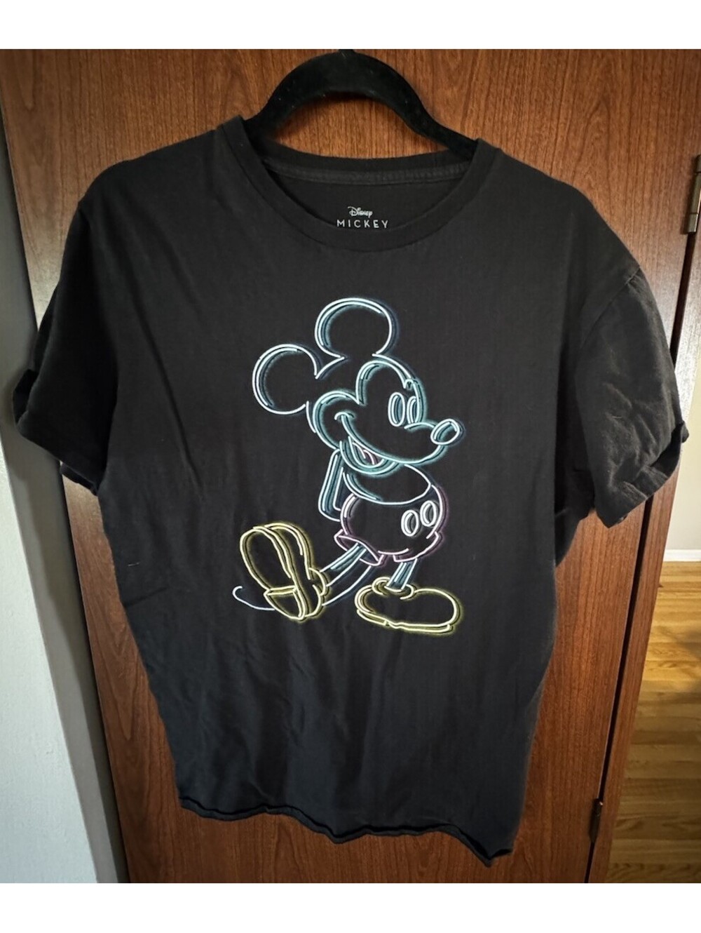 Disney Mickey Mouse Neon Outline Adult Black Graphic Tee T-Shirt Size Large